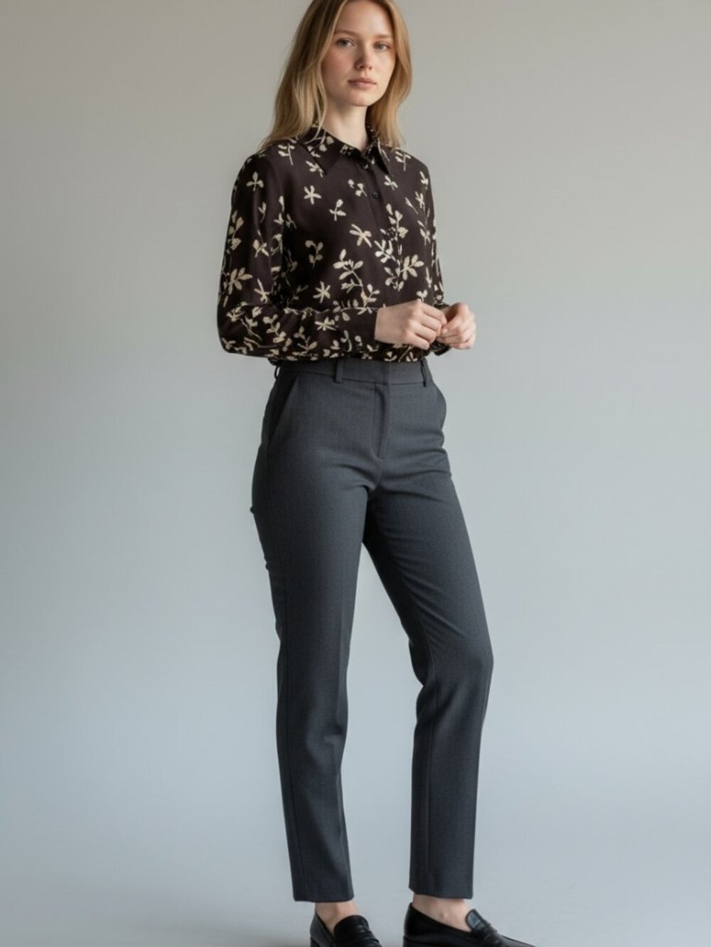 Vtg Mondi Blouse 100% Silk Sz 34 XS Brown Floral Long Sleeve Button-Up Y2K Chic